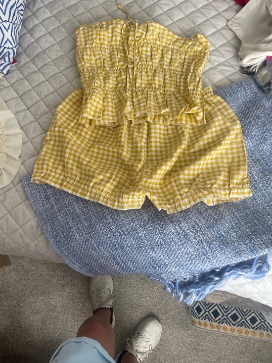 no bran Pants - Yellow Gingham Strapless short set